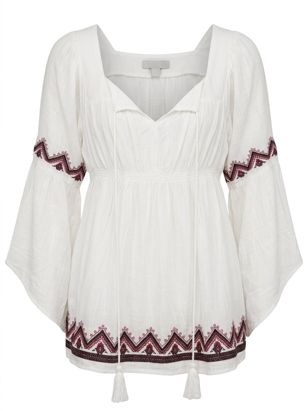 Dance & Marvel White Peasant Blouse with Maroon Embroidery